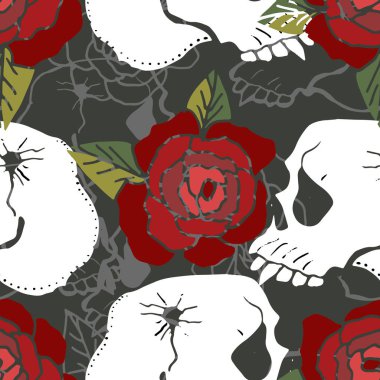Şirin sorunsuz arka plan. Kafatasları ve gül. Elle çizilmiş desen.