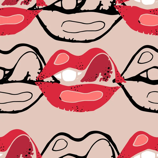 かわいいシームレスな背景。セクシーな唇。手の描かれたパターン. — ストックベクタ