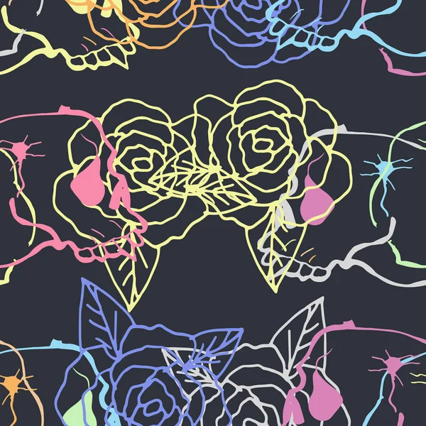 Fondo sin costuras lindo. Calaveras y rosas. Patrón dibujado a mano . — Vector de stock