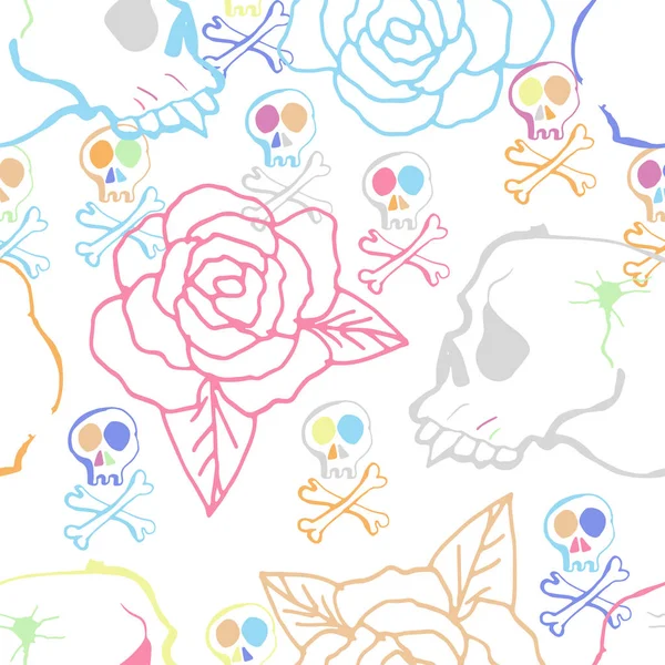 Fondo sin costuras lindo. Calaveras y rosas. Patrón dibujado a mano . — Vector de stock