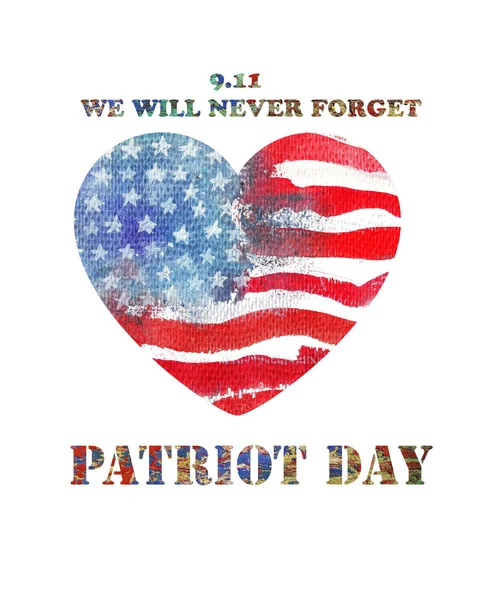 Patriot Day the 11th of september. Watercolor heart shaped ameri — Stock Photo, Image