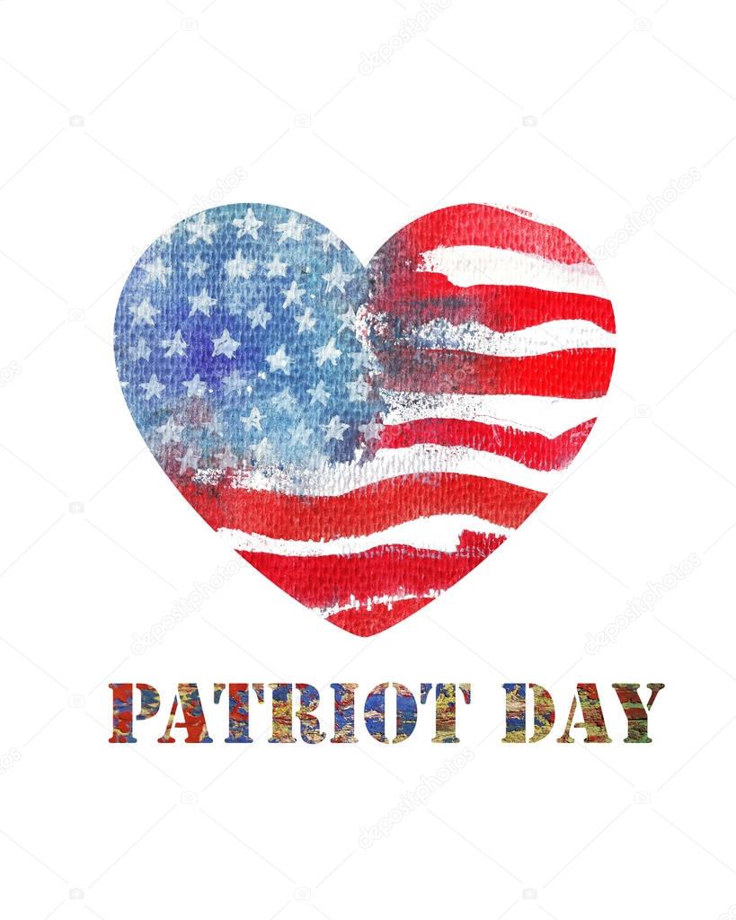 Patriot Day the 11th of september. Watercolor heart shaped ameri