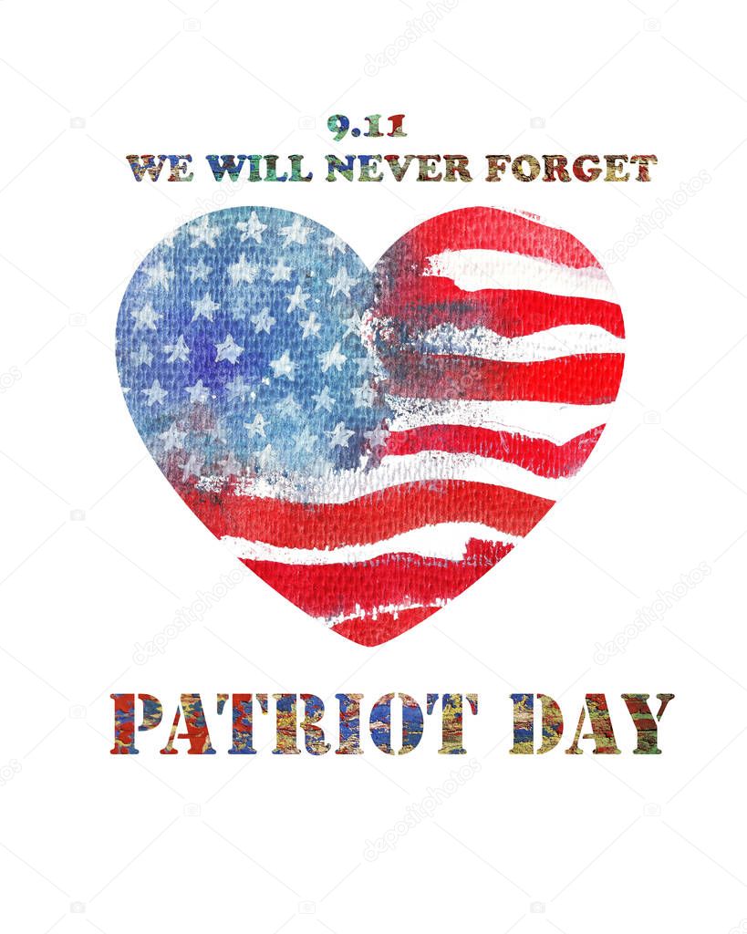 Patriot Day the 11th of september. Watercolor heart shaped ameri