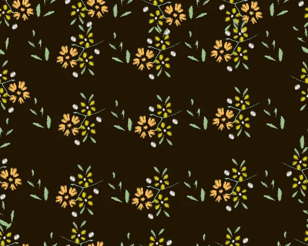 Patrón floral bordado en flores de pradera a pequeña escala . — Vector de stock