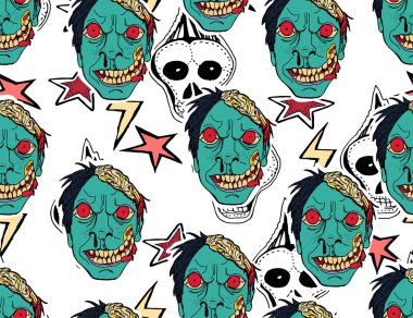 Cadılar Bayramı arka plan. Korkunç canavarlar, kemikler, kafatasları ve zombi. 