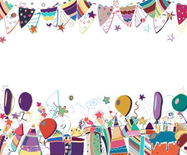 Vector template for birthday party greeting card. Hand drawn ill clipart