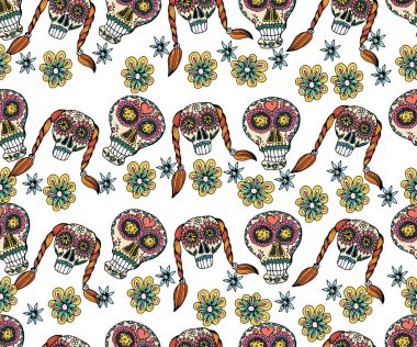  Kafatası, çiçek ve etnik elemens ile Seamless modeli. Mexic