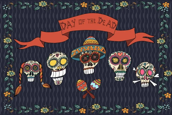 El día mexicano del póster muerto. Ilustración vectorial dibujada a mano — Vector de stock