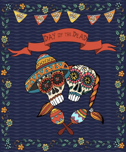 El día mexicano del póster muerto. Ilustración vectorial dibujada a mano — Vector de stock