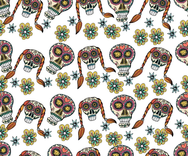 Nahtloses Muster mit Totenkopf, Blumen und ethnischen Elementen. Mexiko — Stockvektor