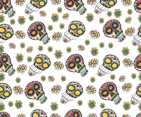 Patrón sin costuras con cráneo, flores y elementos étnicos. Mexicana. — Vector de stock