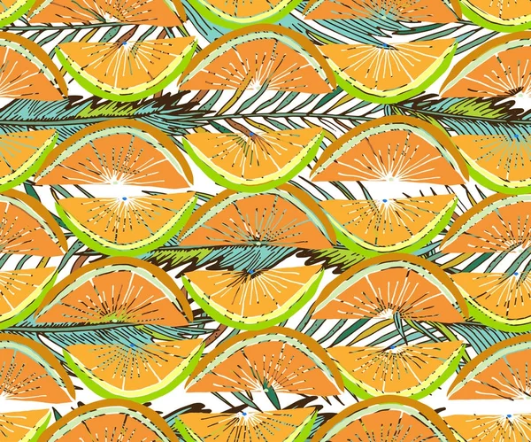 Patrón tropical vectorial. Cal fresca madura y naranja, hojas de palma — Vector de stock