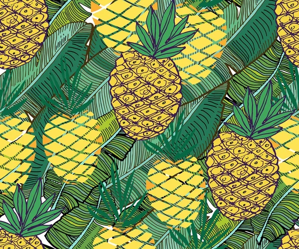Vektor tropisches Muster. frische reife Ananas und Palmblätter. — Stockvektor