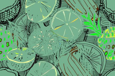 Tropikal seamless modeli. Olgun meyve suyu meyve. Elle çizilmiş vektör 