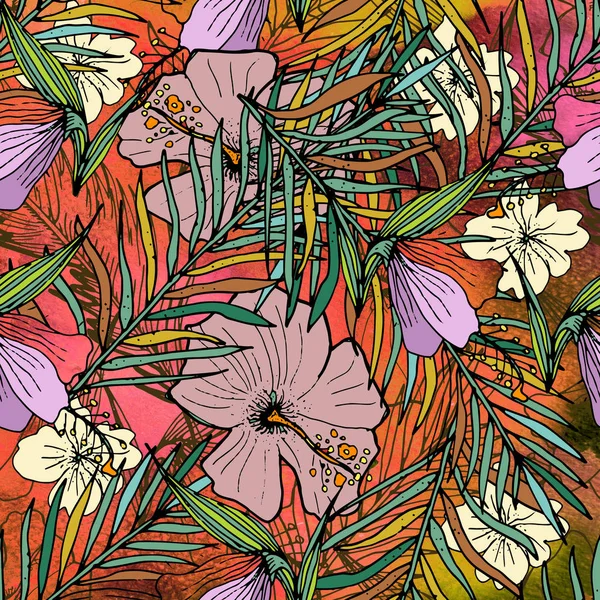 Akvarell texturált varrat nélküli mintát. Trópusi háttér. Kéz — Stock Fotó