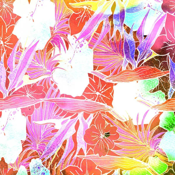 Akvarell texturált varrat nélküli mintát. Trópusi háttér. Kéz — Stock Fotó
