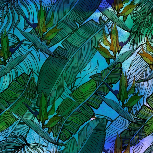 Patrón sin costura con textura de acuarela. Fondo tropical. Mano — Foto de Stock