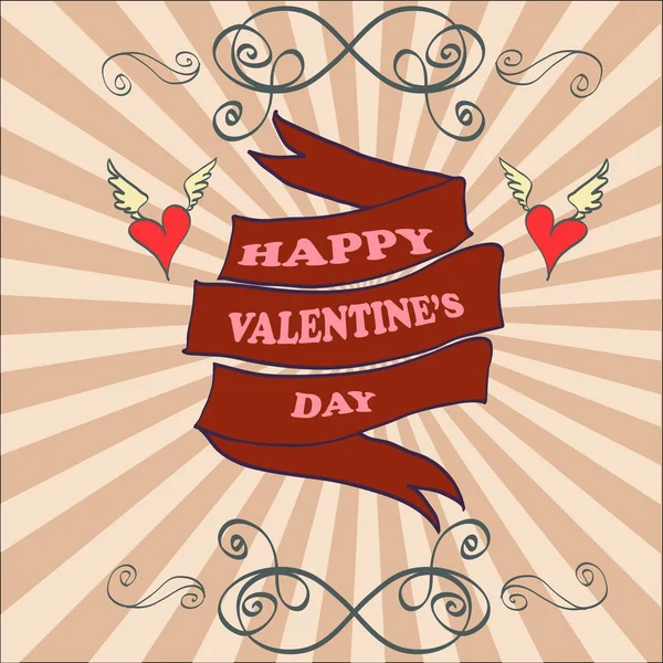 Happy Valentine's Day wenskaart vector. Hand getrokken lint wi — Stockvector