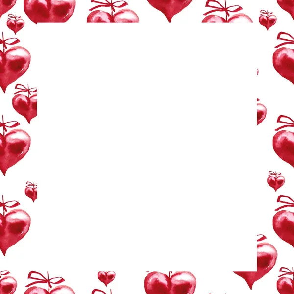 Watercolor frame. Red hearts. Happy Valentine's day background. — Stock Photo, Image