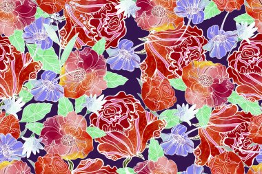 Güzel tipik ve çayır flo ile parlak seamless modeli