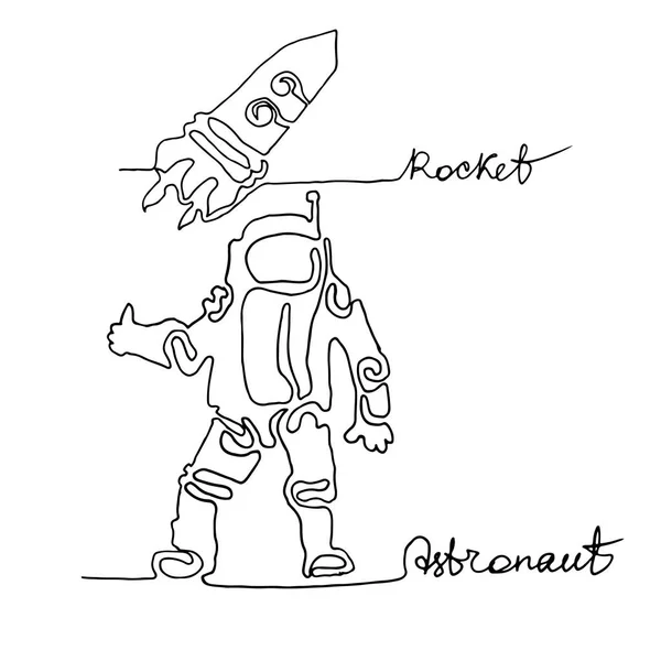 Dessin continu d'une ligne. Astronaute, fusée. Explorateur spatial — Image vectorielle