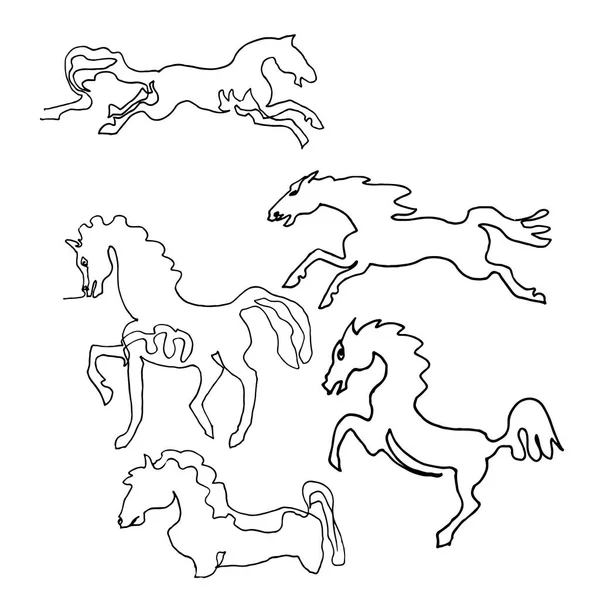 Dibujo continuo de una línea. Caballos. Estilo minimalista. Texto salvaje — Vector de stock