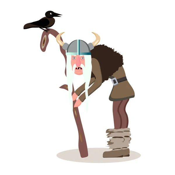 Personagem de desenho animado viking. O velho homem de cabelos grisalhos apoiando-se em sua —  Vetores de Stock