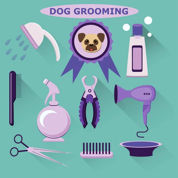 Vector set of  dog grooming tools. Flat style. Dog care. — Stock Vector