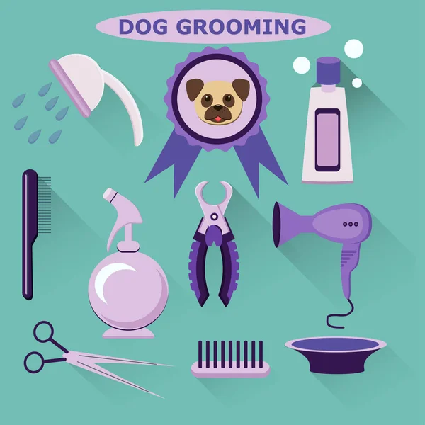 Ensemble vectoriel d'outils de toilettage pour chiens. Style plat. Soins pour chiens . — Image vectorielle