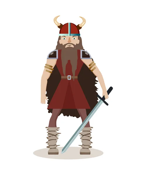 Viking cartoon character. A muscular, long-haired warrior in a h — Stock Vector
