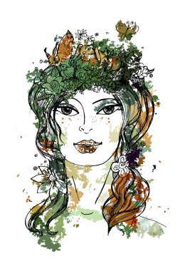 El vektör çizim çekilmiş. Güzel genç kız uzun f