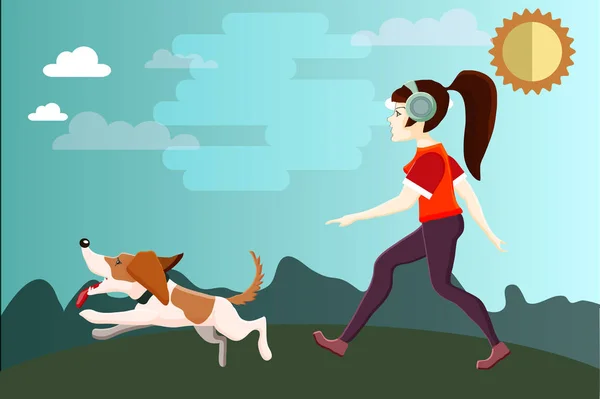 Vector characters. A young girl is walking a dog in a park. Flat — Stock Vector