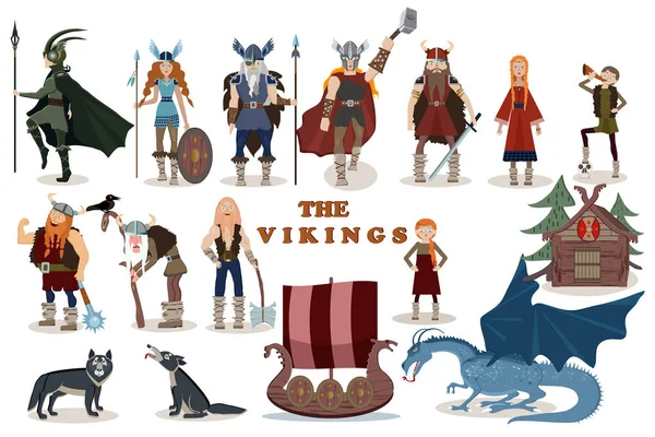 Los vikingos. Personajes de dibujos animados vikingos. Valquiria, berserker, guerra — Vector de stock