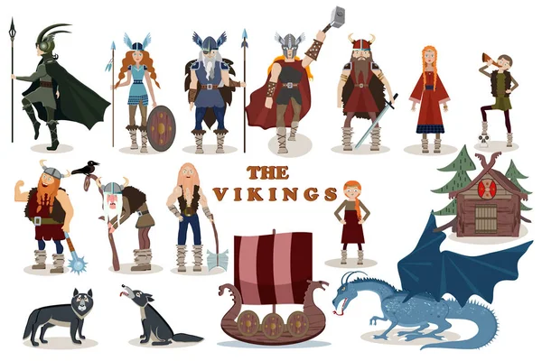 Os Vikings. Personagens de desenhos animados vikings. Valquíria, berserker, guerra — Vetor de Stock