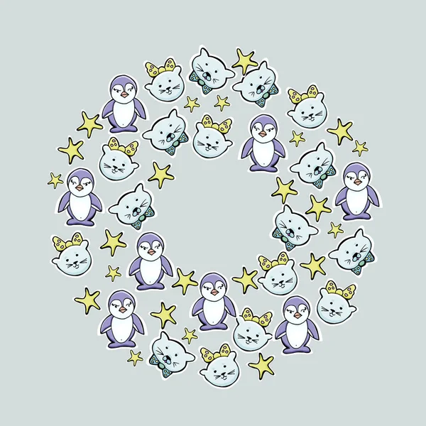 Vector dibujado a mano Lindos gatitos, pingüinos, estrellas. Pegatinas. Para t — Archivo Imágenes Vectoriales