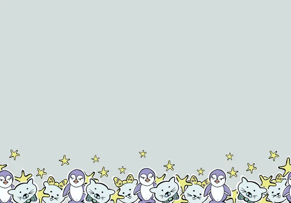 Handgezeichnete Vektor niedliche Kätzchen, Pinguine, Sterne. nahtlose Grenze — Stockvektor