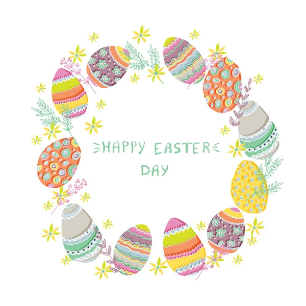 Hand drawn vector greeting card. Happy Easter day wreath. Colorf — Stock Vector