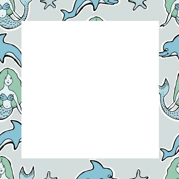 Handgezeichnete Vektor niedliche Meerjungfrau, Delphin, Sterne. Rahmen. für Texti — Stockvektor