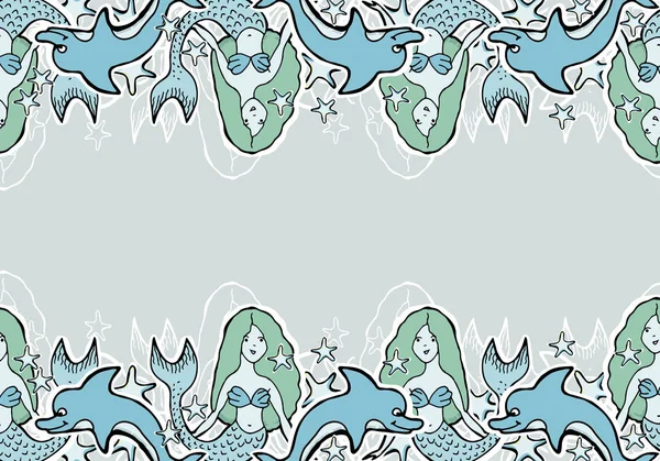 Hand Drawn Vector Cute mermaid, dolphin, stars. Seamless canvas. — Stock Vector