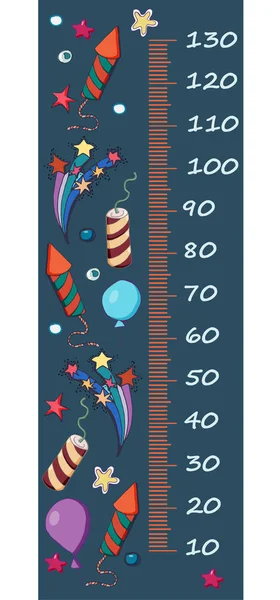 Medidor de altura vectorial para niños. Fuegos artificiales de dibujos animados, globos, co — Vector de stock