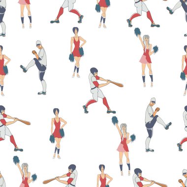 Seamless modeli. Bir beyzbol oyuncularından çizilmiş siluetleri vektör ver. Sevimli çizgi film karakteri.