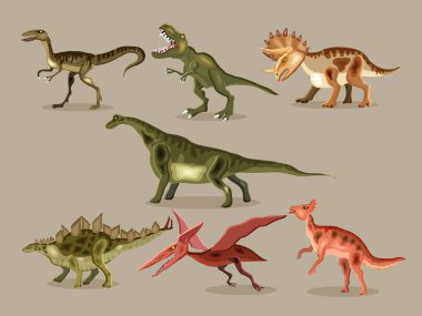 Vektör çizgi film set bir dinozor. T-Rex, Tyrannosaur'u, Velocir