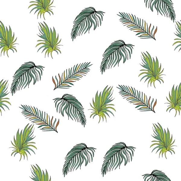 Fondo sin costura dibujado a mano con hojas de palma y tropical Fl — Vector de stock