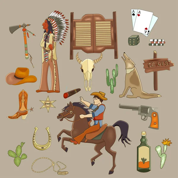 Conjunto de dibujos animados del oeste salvaje.Vector ilustración de Mustang, vaquero, c — Vector de stock