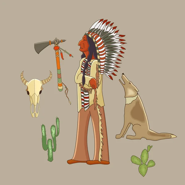 Conjunto de dibujos animados indios. indio, jefe, guerrero, coyote, cactus, buf — Archivo Imágenes Vectoriales