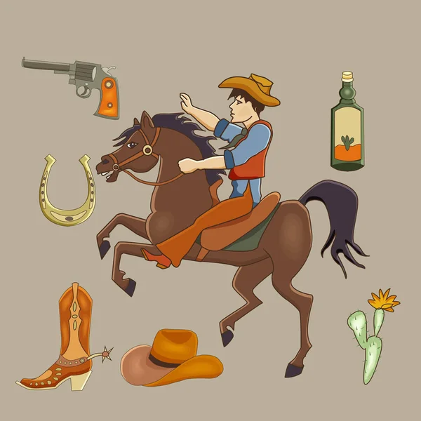 Conjunto de dibujos animados de vaquero. Mustang, vaquero, cactus, tequila, pistola larga , — Vector de stock