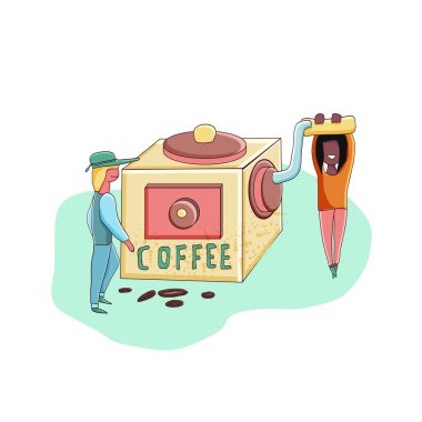 Küçük komik stilize karakterler kahve üzerine kahve çekirdeği öğütür. 