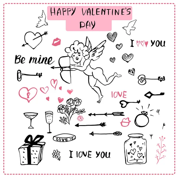 Valentine's day vector set. Hand drawn ink elements for greeting — 스톡 벡터