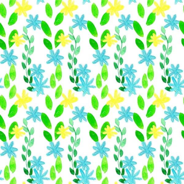 Hand painted watercolor floral background.   Spring seamless pattern with crocus, primrose, daffodils, snowdrops, dandelions, muscari, magnolia, buttercups, tulips.