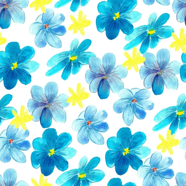 Hand painted watercolor floral background.   Spring seamless pattern with crocus, primrose, daffodils, snowdrops, dandelions, muscari, magnolia, buttercups, tulips.